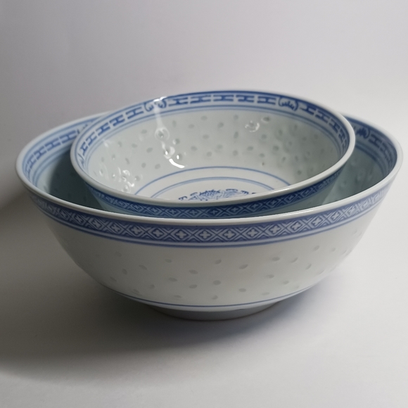 2 Vintage Rice Eyes Salad Bowls Dragon & Flower Pattern Blue & White - Picture 7 of 7
